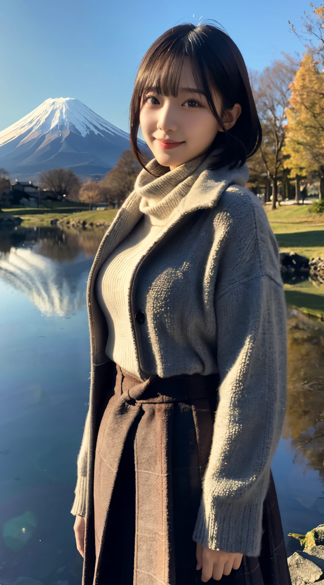 (highest quality,masterpiece:1.3,ultra high resolution),(Super detailed,caustics,8K),(photorealistic:1.4,RAW shooting),(Mt. Fuji reflected upside down on the lake surface like a mirror),sun,Lens flare,24-years-old,cute,Japanese,black short hair,best smile,big boobs,wrap a muffler around your neck,down coat,knit inner,long skirt,bust up shot,Natural light