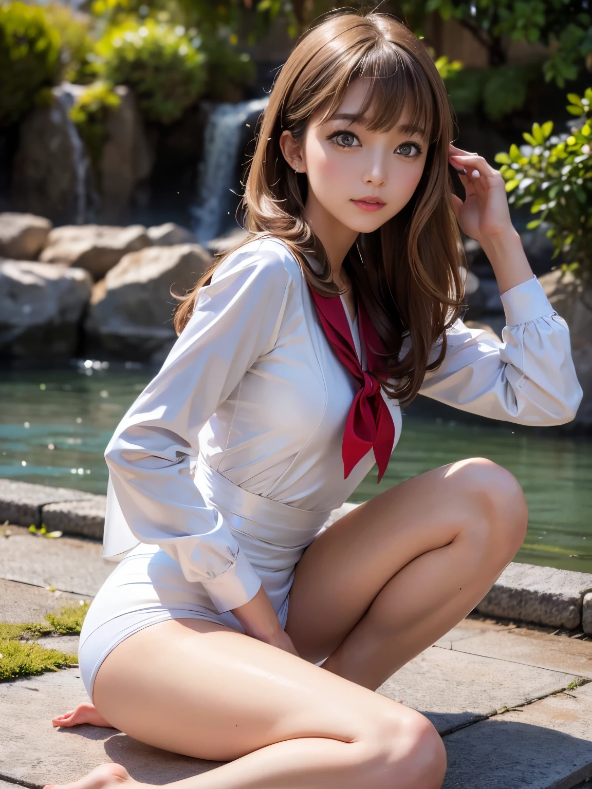 (masterpiece:1.3), (8K, Photoreal, Raw photo, best image quality: 1.4), Japan, (1 girl), beautiful face, (lifelike face), beautiful hairstyle, Realistic, beautiful detailed eyes, (Realisticなな肌), beautiful skin, attractive, 超High resolution, 超Realisticな, high detail, golden ratio, (detail makeup:1.2), see the beholder,table top, highest quality, super detailed, finely, High resolution, whole body composition、open leg pose、bold spread legs、detailed and beautiful eyes, fitness wear, natural color lip,Photoreal、Realisticな、solo、Photoreal、highest quality、highly detailed face、highly detailed eyes and face、beautiful and fine eyes、absurd、信じられないほどabsurd、hair is dirty、floating hair、brown hair、wavy hairstyle、middle hair、(Highly detailed CG、8K image wallpaper)、(very delicate and beautiful)、(masterpiece)、(highest quality:1.0)、(超High resolution:1.0)、beautiful lighting、perfect lightning、Realisticなな影、[High resolution]、fine skin、super detailed細、detailed face and eyes、リアルな目鋭い目を持つbeautiful face、outdoor、Japanのダウンタウン、In the crowd、blurred background、shiny skin、dull bangs、red eyes、(sailor suit 1.2)、Sailor suit has long sleeves、super high quality photos, 8K quality, outdoor―, Whole body composition, looking at camera, Japan20歳の女性, perfect beauty, Texture that shows pores, perfect face, Transparent bare skin, Transparent bare skin, Beautiful toned body, muscular, thin, small breasts, small breasts and firm butt、Japanの学校の小さな機織り職人, seamless design, 単色bloomers, bloomersは紺色です, tight fit、bloomersは伸縮性のある生地です、bloomers, )spread your legs wide、smile