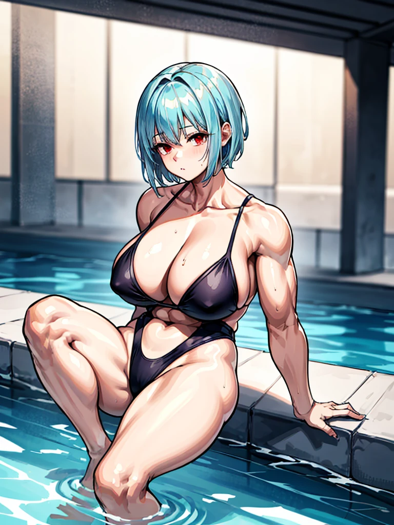 （（（masterpiece、Highest image quality、highest quality、highly detailed unity 8ｋwallpaper）））、（（Illustration of one girl））、（（（beautiful girl）））、（（light blue hair、short hair、red eyes））、（（（tall、stocky build, thickset physique, muscular legs, broad shoulders, solid chest）））、swimsuit、Poolside