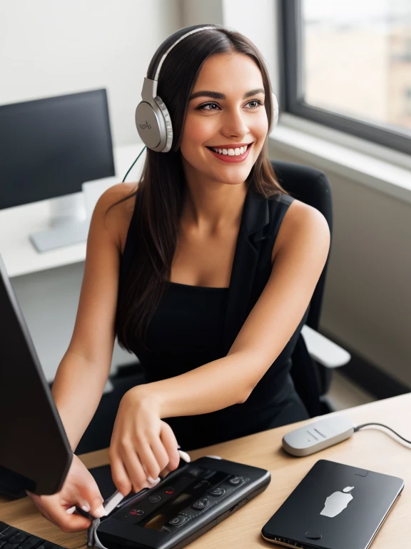a woman in headphones smiling and extending her hand, advertisement image, call now, client, impressive image, in an office, help, advertising photo, telephone, clients, using headphones, in the background, advertisement, promotional image, working in a call center, headphones, technology, hello, no background, no text, on a background of an office, desk and computer, with headphones, wide-angle image