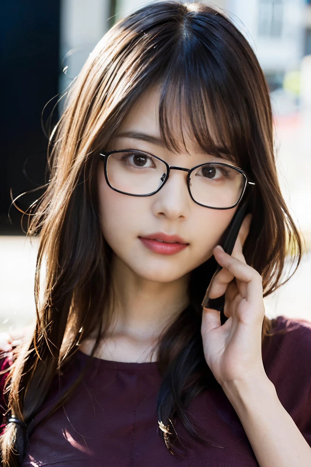 (8K、Raw photo、highest quality、masterpiece:1.2)、(realistic、Photoreal:1.37)、super detailed、Super high resolution、1 girl、see the beholder、beautiful and detailed face、laughter、narrow、(slim waist) :1.3)、((Red shirt clothes beautiful detailed skin、skin texture、floating hair、((tied one's hair together))、good shape big breasts、professional lighting、In front of the station at noon、((Black square glasses))、human body as a whole、brown hair、((On the phone))、