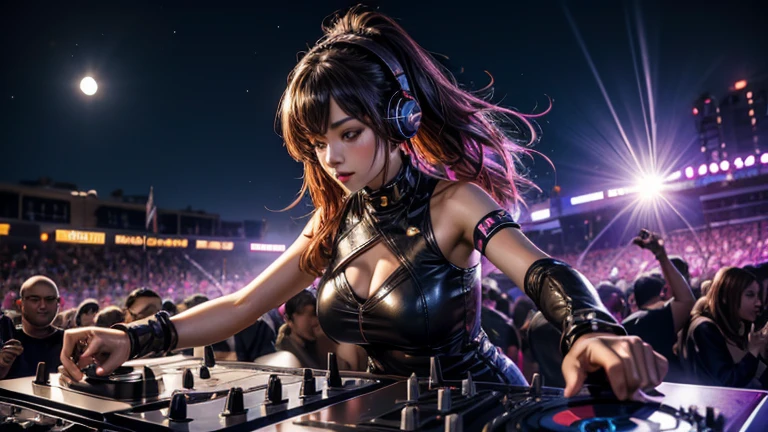 ((best quality)), (high detail), (official art), (1girl), DJ mixing vinyl records, (good vibes), LED headphones, (high energy), music festival), (Artist), music notes in the air, (action pose), vibrating beats, neon amber eyes, full moon dance party, HDR, 4K, 3D