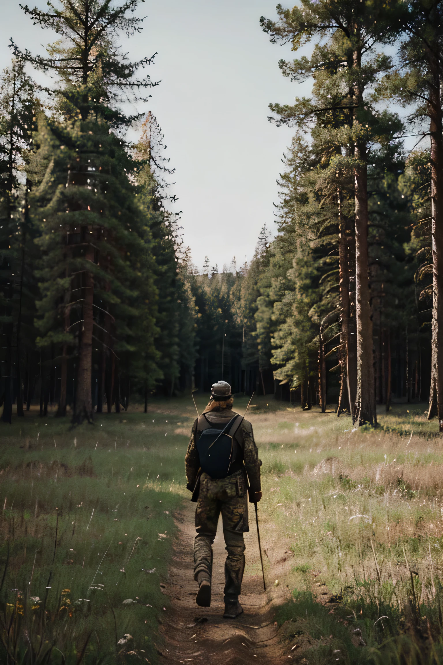 A lone hunter with a bow and arrow, WALKING ACROOS the forest in search of animals. Year 2024, wearing Canadian-style hunting clothes and a cap. View of the man's back. Modern digital illustration. Minimalist stylized cover art.