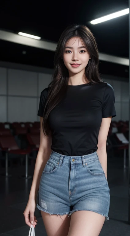 10, Masterpiece, RAW image, best quality, photorealistic, Very detailed CG Unity 8K wallpaper, depth of field, movie theater light, lens flare, Ray tracing, (very beautiful face..... , beautiful lips, beautiful eyes), complex facial details, ((ultra-detailed skin)) 1 girl, in the dark, deep shadow, beautiful girl, (The body is very slender. :1.3), ((looking at the audience)),(Big smile:1.3), Clear eyes, front shot, (pale skin), (Look very far ahead. , (upper body shot), (Brown cooked for the audience.......:1.3), Very thin, Medium bust, thick thighs, Drawstring stockings, ทิวทัศน์airport ,(Random clothes: t-shirt,Jeans, Short legs, Long legs), (environment,airport)
