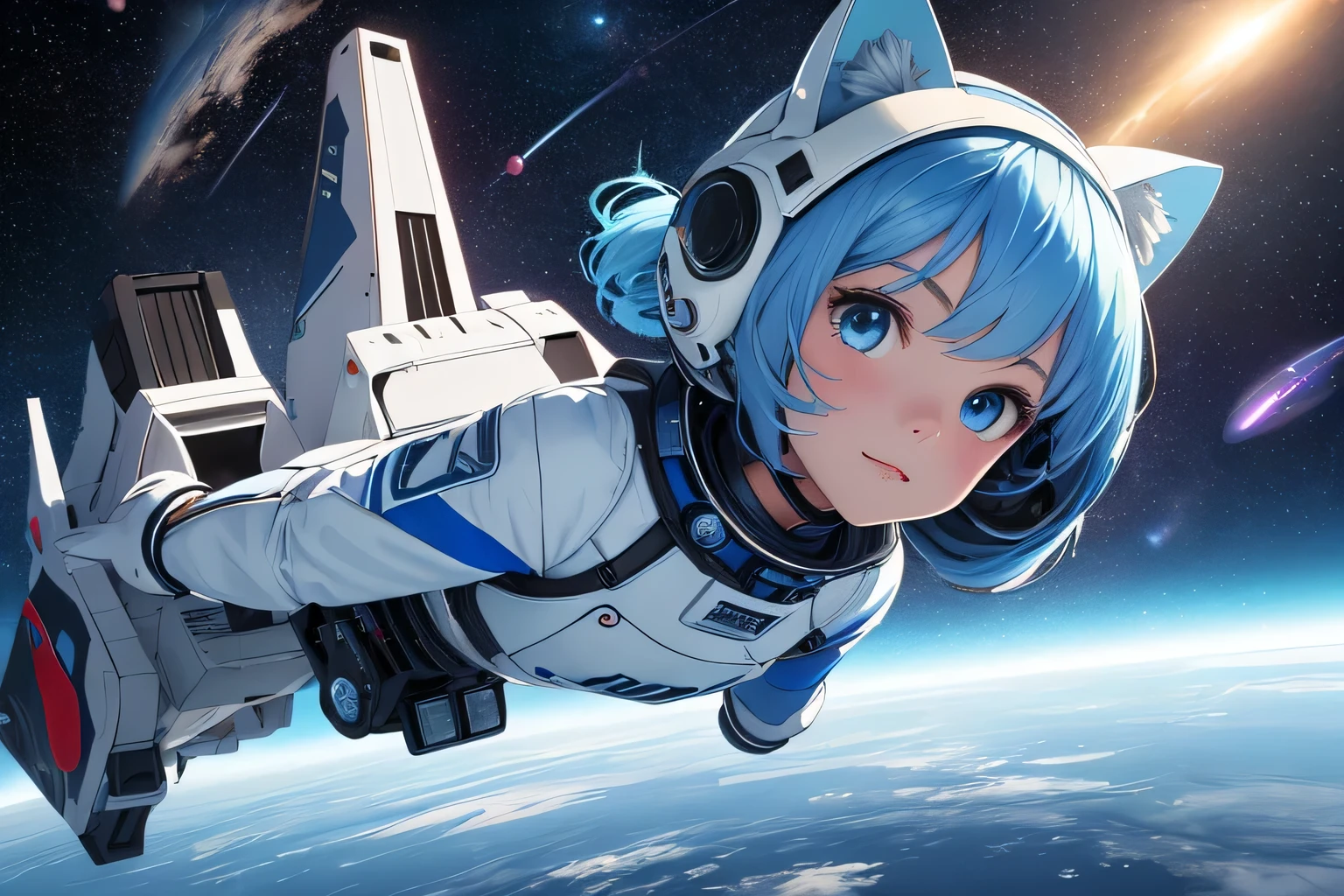 (best quality, masterpiece:1.2, realistic lighting), girl floating in space, seen from above, solo, (thin face), realistic beautiful face, very detailed face, (bob cuts hair), ((sky blue hair)), path traced hair, (sky blue cat ears), ((sky blue eyes)), (flat chest), (small breast), wearing a full body spacesuit, (spacesuit helmet), (spaceship:1.3), detailed and complex busy background, surreal space, fantasy space, outer space