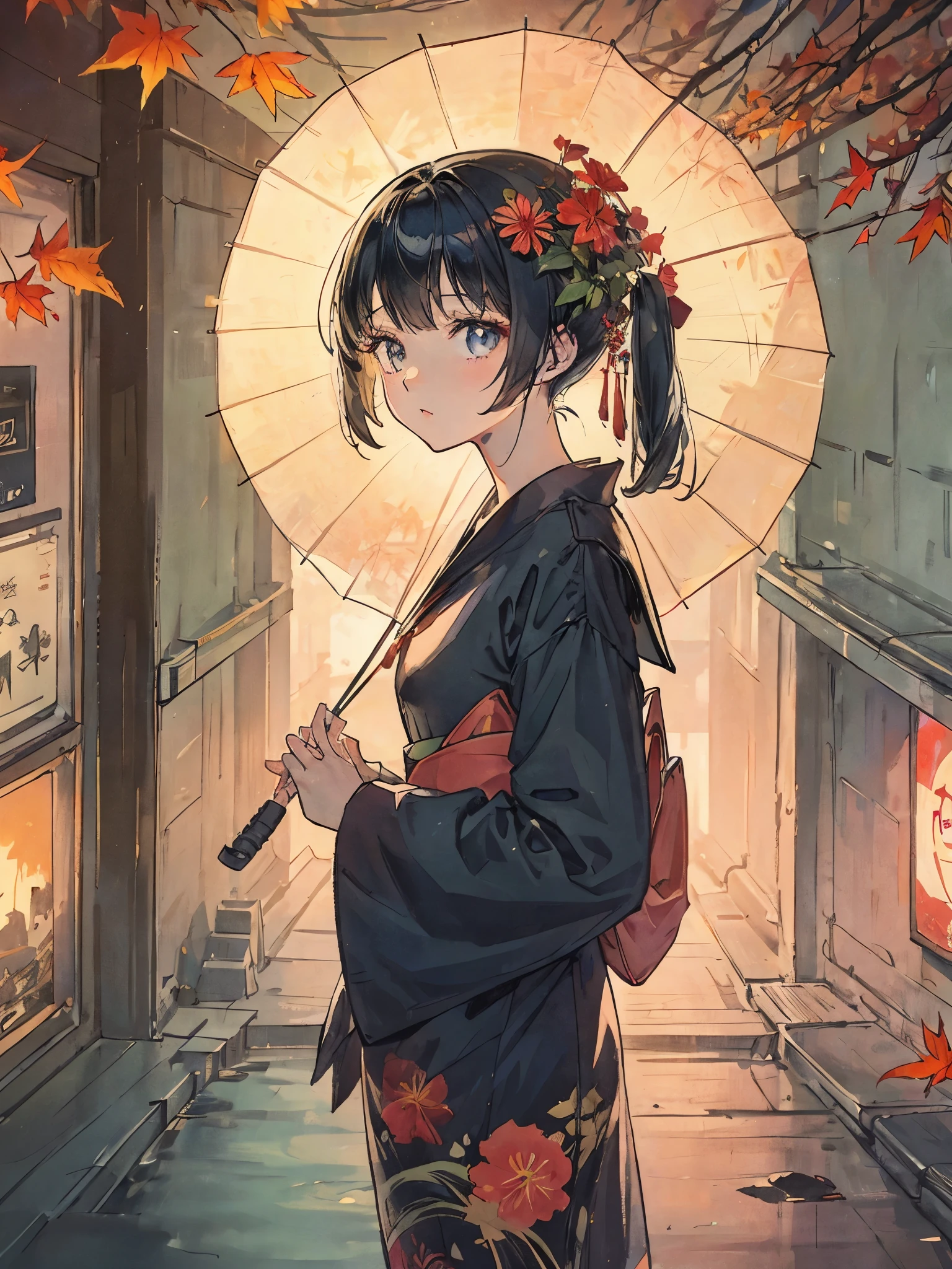 inside the concrete tunnel、Flowers are blooming、dark、Girl in a sailor suit、put up a vinyl umbrella、leaves fall