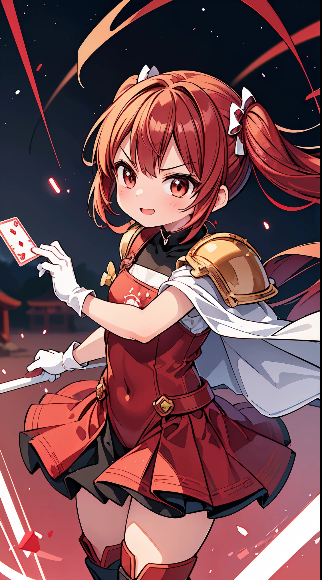 (masterpiece, top quality, best quality, official art, beautiful and aesthetic:1.2),ultra-detailed,intricate details,amazing illustration,award-winning art,atmospheric, 
BREAK, one beautiful girl(cute:1.5),(Little:0. 5),(cute:2.0),(change:2.0),(7 year old girl),(alone:1.65),break, (flat chest:1.2,), transparent skin, Shining beautiful skin, shy, one beautiful girl,huge boobs(hair bow, auburn hair, twin tails:1.2), (brown eyes, long eyelashes, double eyelid: 1.2), break, Star-O \(symbol\, (gloves, white gloves 1.3), (bug, one piece,Polka dot pattern:1.3), looking at the viewer,(knee high boots:1.2),shiny skin,transparent skin, Shining beautiful skin,(highest qualityの顔),(highest qualityの目), (smile:0.5), beautiful skin, beautiful skin, (highest quality face), (highest quality slanted eyes), Maid clothes, gloves, open your mouth, short sleeve, smile, white gloves,

BREAK ,(red japanese_armor:1.4),(red armor),(red shoulder armor,red breastplate,red gauntlets,red greaves,red long boots),(black full bodysuit),black abs,(body made of liquid metal),(holding spell_card:1.4),flame effect,(red eyes) ,(angry),(fighting stance:1.3),(attack motion:1.1), dynamic angle, (dynamic pose:1.4),cowboy shot,reflection water surface,full moon,(((in night sky ,starry sky))), Beautiful river in forest, Fantastic Scenery

BREAK,wakame,wakame,wakame,(Cowboy Shot:1.4),

BREAK,(Blurry background:1.3),(absurderes, hight resolution, Super Detail Art),cel shading,Clear Color, Lonely optical effect, Beautiful pictures, Bright glow, mystic atmosphere,(Close-up of girl:1.1), Mystical light particle effect,manga influence, clean line drawings,