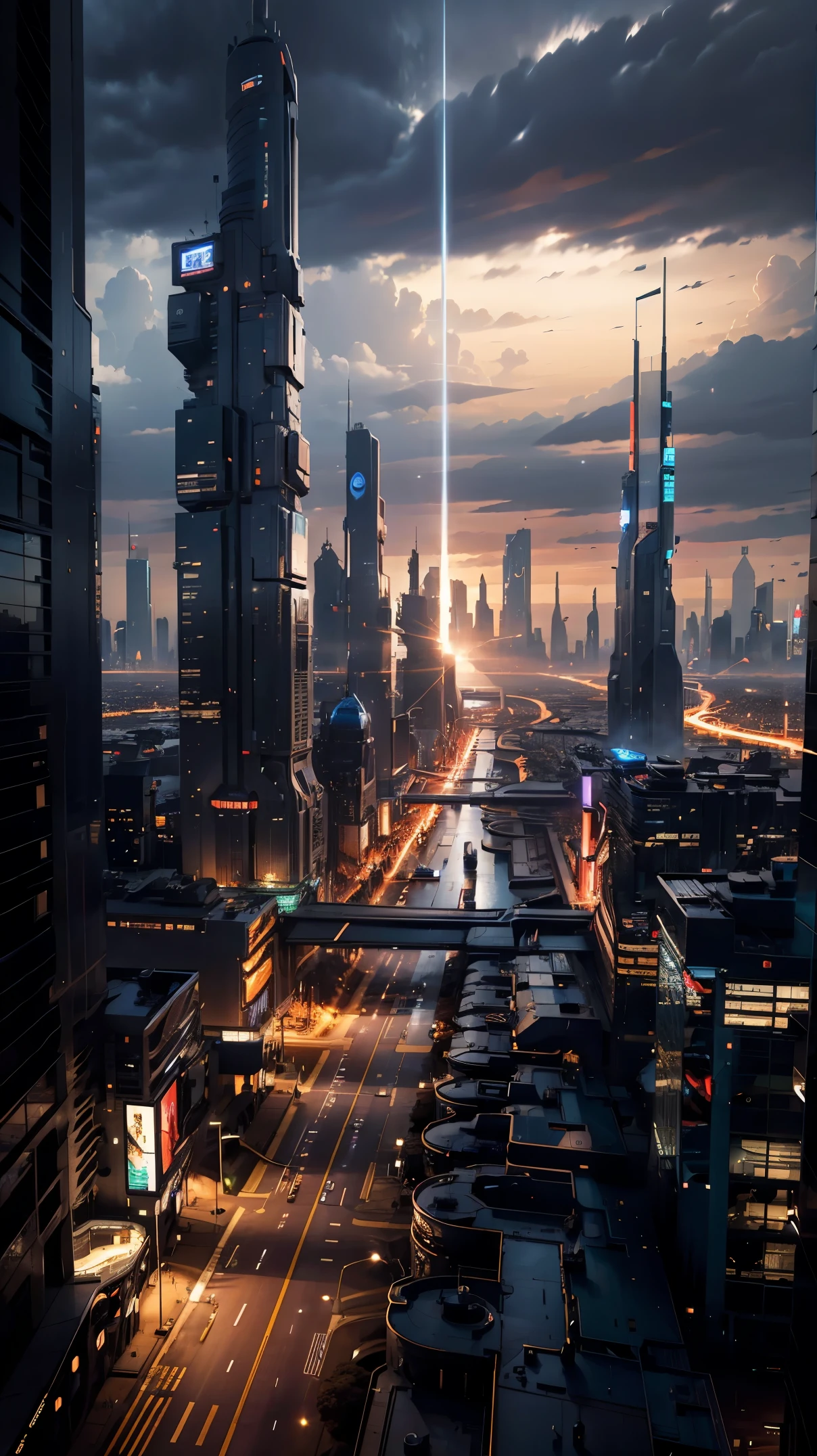 Night view seen from an airplane,future city:1.3,port,airfield,skyscraper,master piece,highest quality,ultra high resolution,Super detailed,8K,photorealistic,best aesthetic,beautiful