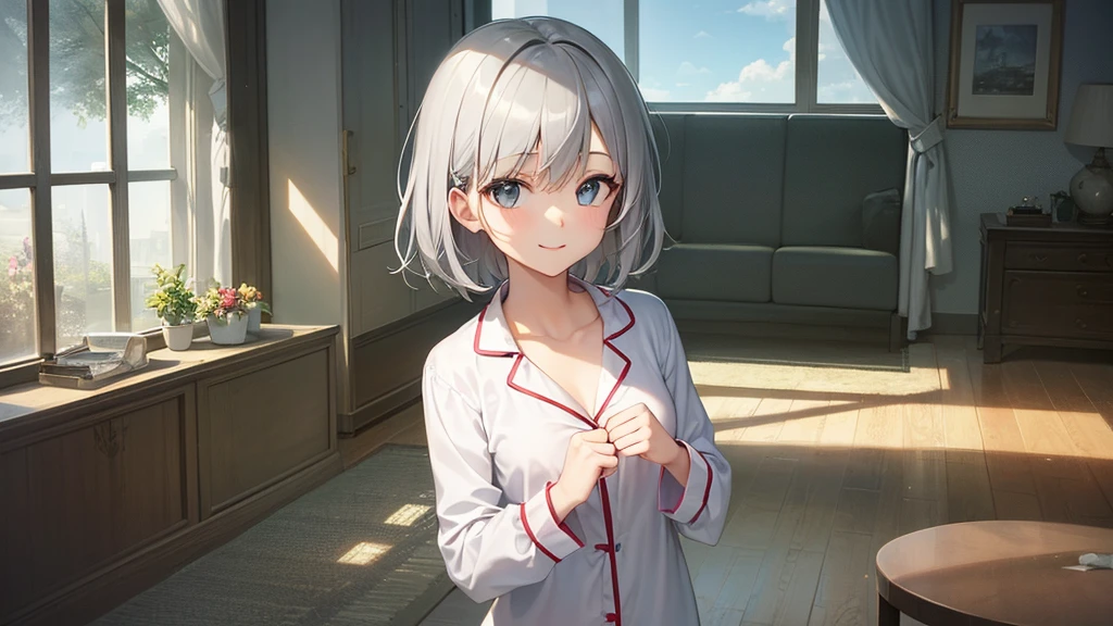 ((Masterpiece, best quality, high quality, very detailed CG uniform 8k wallpaper, very detailed, very detailed background)), detailed eyes, shiny hair, shiny skin, bright skin, (NSFW), (1girl, 8 , adorable face, blush cheeks, light smile, cream hair, pigtails, blue eyes, wearing pajamas), (indoor, bedroom, sunlight through the window.)