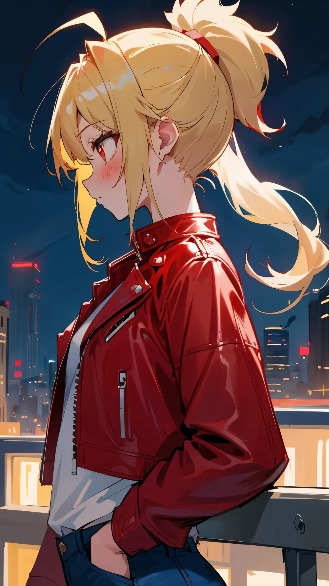 1girll、solo、colorful、upper body bromide、blonde ponytail、Ahoge、big round red eyes、profile、small breasts、red leather rider jacket、white shirt、Blue jeans pants、blush、rooftop、night view