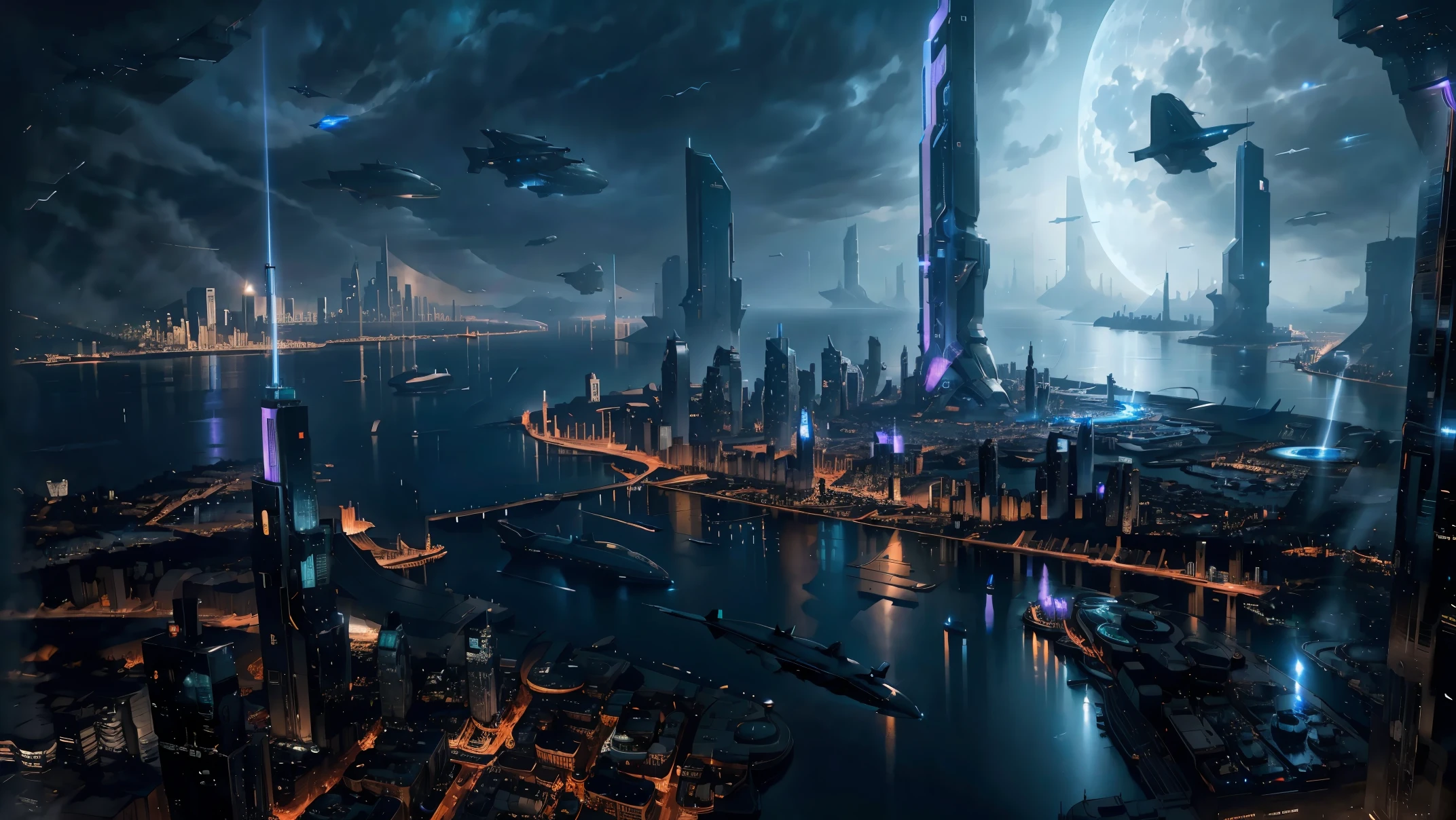 Night view seen from an airplane,future city:1.3,port,flying spaceship,skyscraper,master piece,highest quality,ultra high resolution,Super detailed,8K,photorealistic,best aesthetic,beautiful