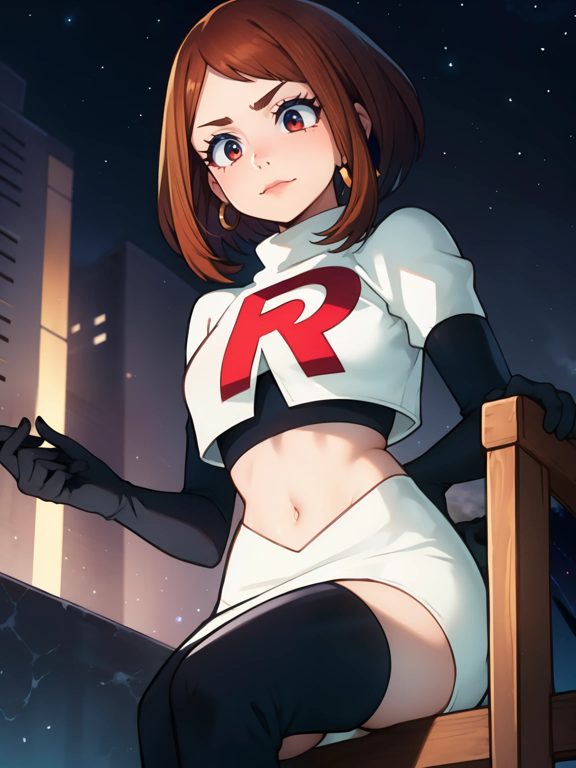 ochaco_uraraka, ,earrings ,lipstick, eye shadow ,team rocket uniform, red letter R, white skirt,white crop top,black thigh-high boots, black elbow gloves, evil villianess look, looking down on viewer, sitting ,crossed legged, night sky background