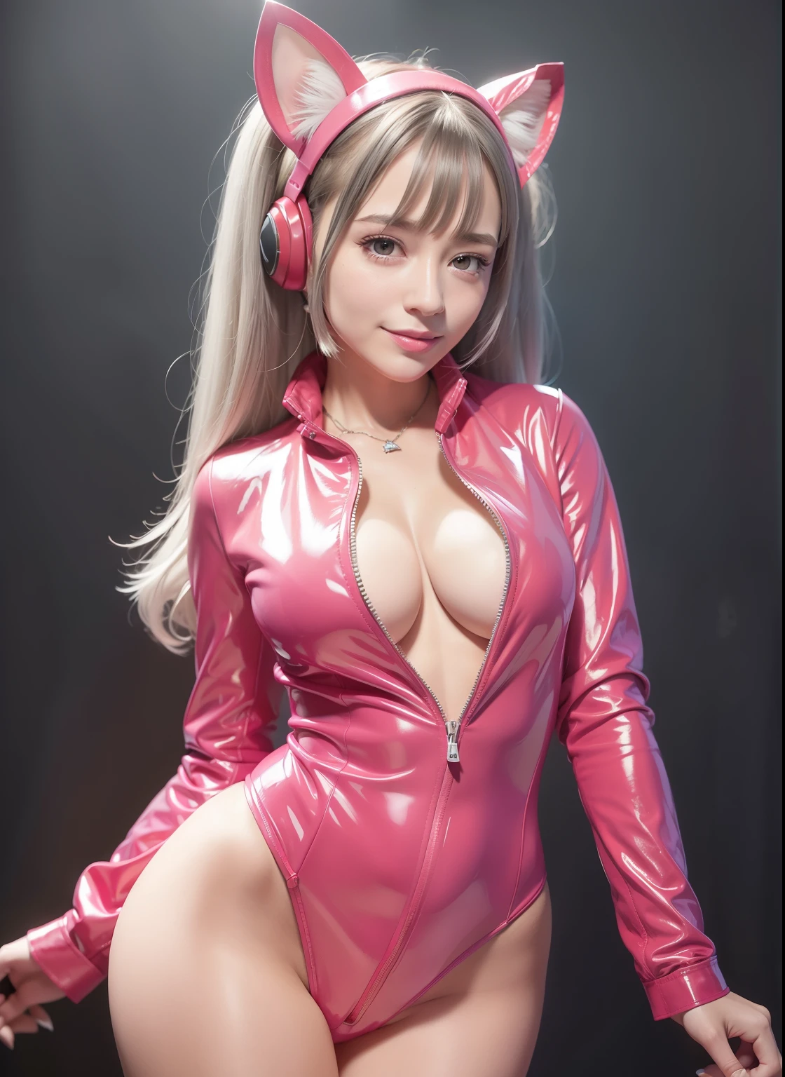 (realistic:1.4),highest quality, ultra high resolution,
4K, Instagram,
very detailed, ((software))
Alice \(nod\),(Pink full bodysuit:1.3),animal ears animal ears:1.2), gloves, headphones, headset,
(red jacket:1.5),(Latex Full Bodysuit:1.ink latex bodysuit:1.2), pink eyes,(twin tails:1.2), white gloves, (gray hair:1.3),
VirtualGirl-Aim, medium breasts, crystal pendant, smile,
blurred background,