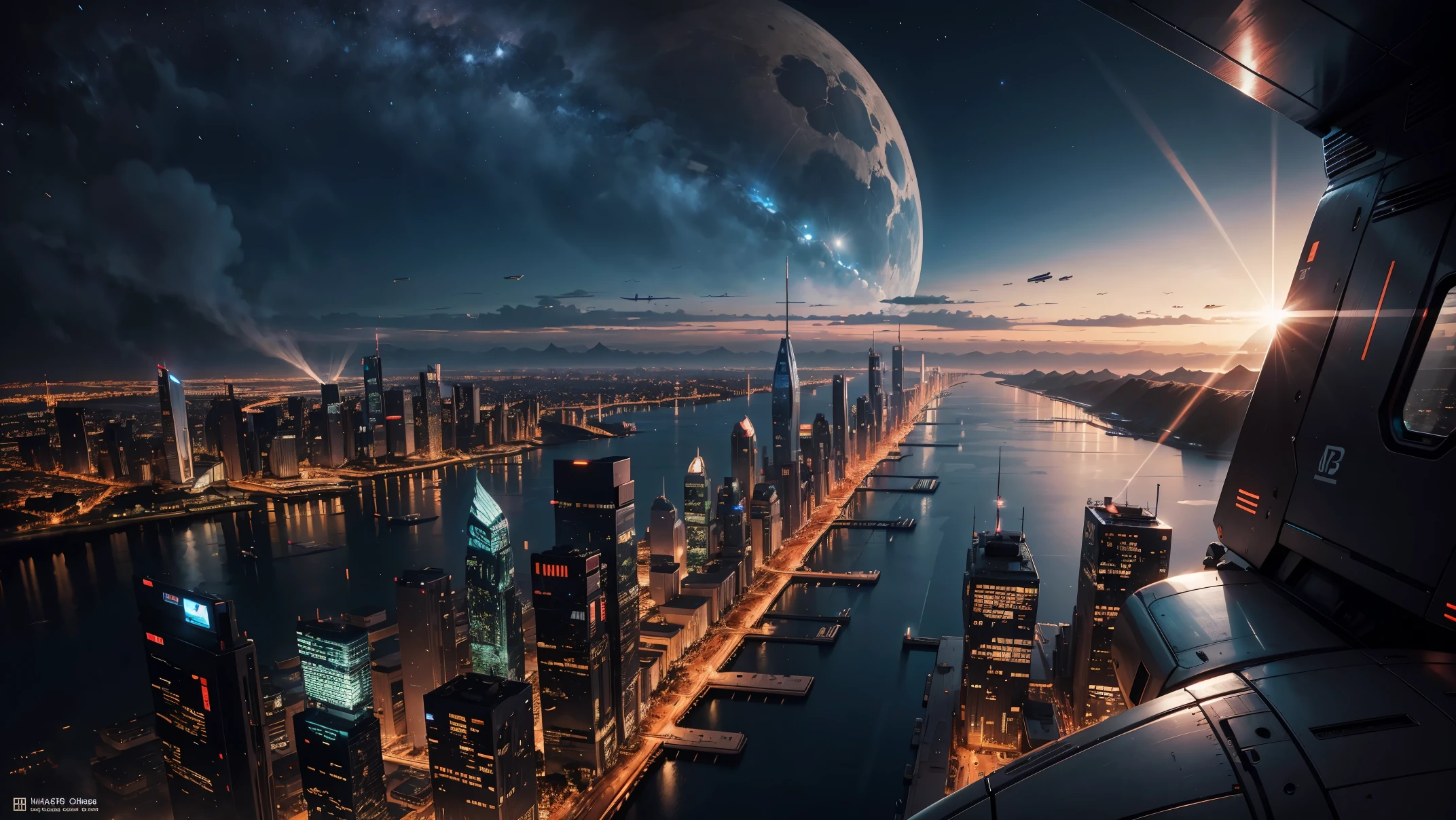 Night view seen from an airplane,future city:1.3,port,flying spaceship,skyscraper,master piece,highest quality,ultra high resolution,Super detailed,8K,photorealistic,best aesthetic,beautiful