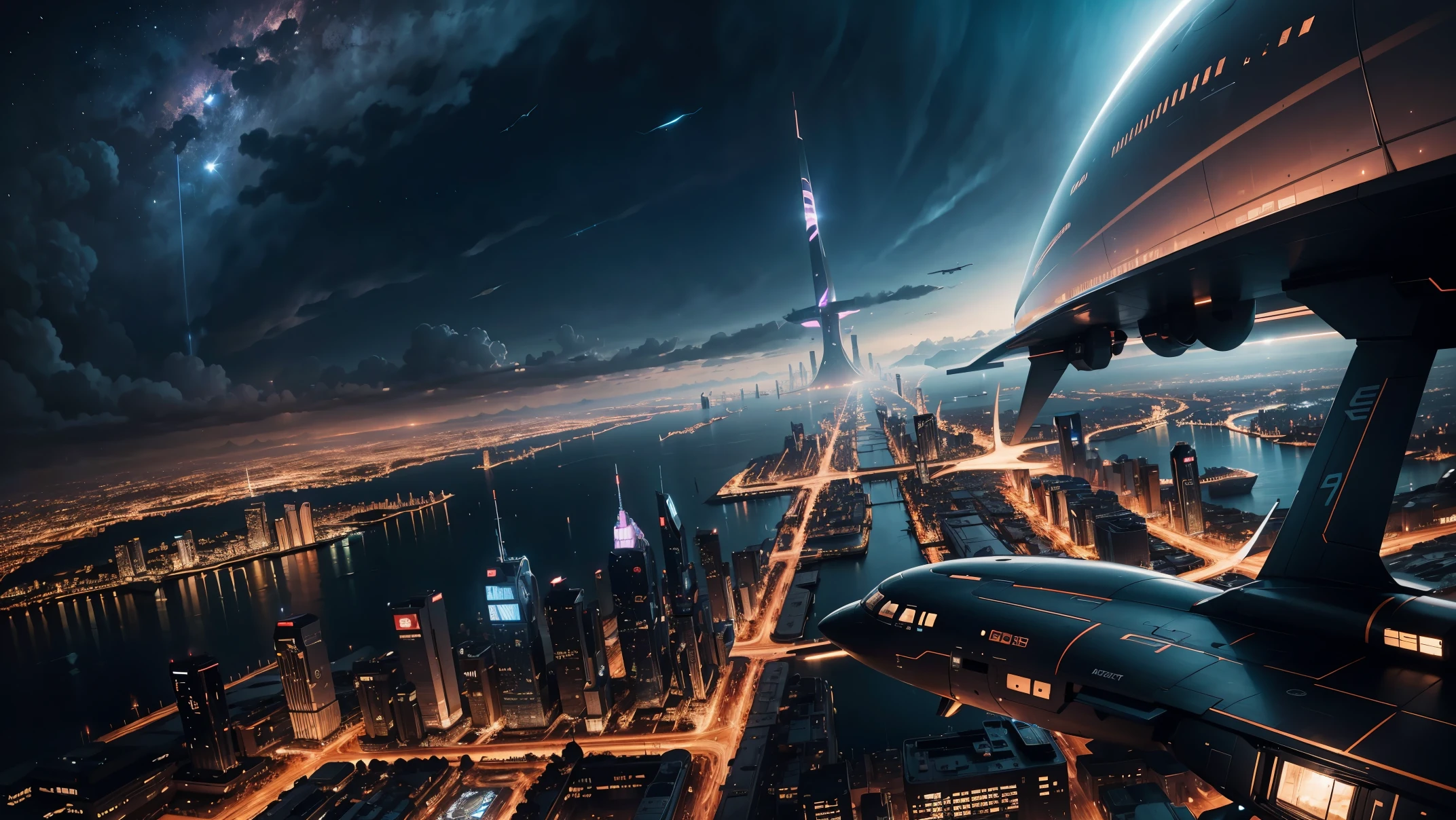 Night view seen from an airplane,future city:1.3,port,flying spaceship,skyscraper,master piece,highest quality,ultra high resolution,Super detailed,8K,photorealistic,best aesthetic,beautiful