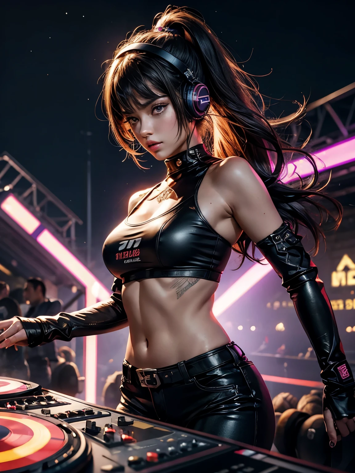 realistic, dark mysterious atmosphere, futuristic cyberpunk, vibrant colors, electrifying sparks, glowing neon signs, futuristic towering skyscrapers, lightning bolts, stormy clouds. at night. 1girl, solo, alone, large-breast:1.2 slim body, cleavage:1.1, sexy miniskirt, (headphone, black sunglasses), (((((she raised:1.8 a pistol:1.8 and took aim at viewer))))), dynamic pose, (((half-body thigh level medium shot))), cinematic lighting, lens flare, ray tracing.