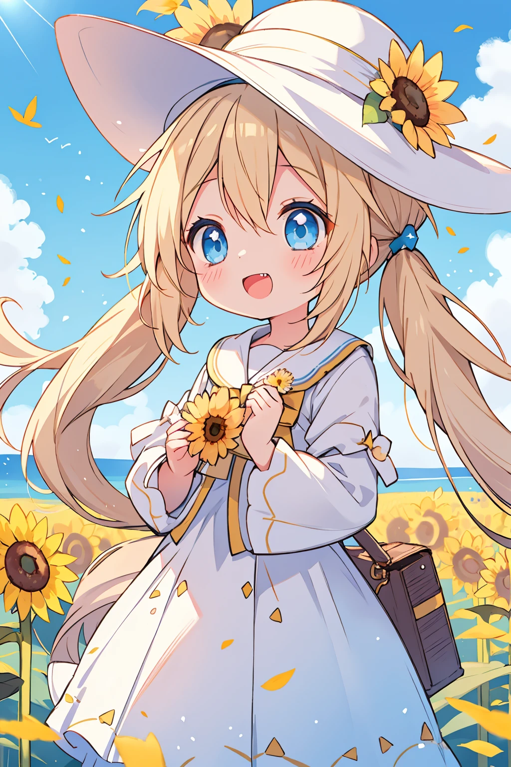 cute ,,solo,wind,pale-blonde hair, blue eyes,very long twintails,white hat,blue sky,laugh,double tooth,,lens flare,dramatic, coastal,
flying petal, flowery field, sky, sun,field, sunflower, masterpiece, best quality,