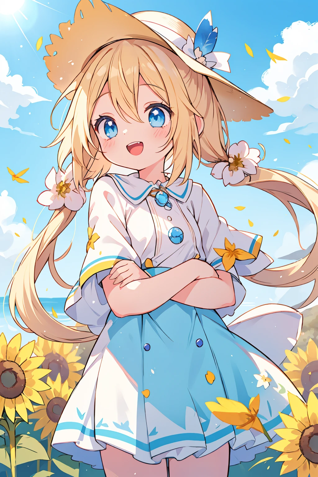 cute ,,solo,wind,pale-blonde hair, blue eyes,very long twintails,white hat,blue sky,laugh,double tooth,,lens flare,dramatic, coastal,
flying petal, flowery field, sky, sun,field, sunflower, masterpiece, best quality,
