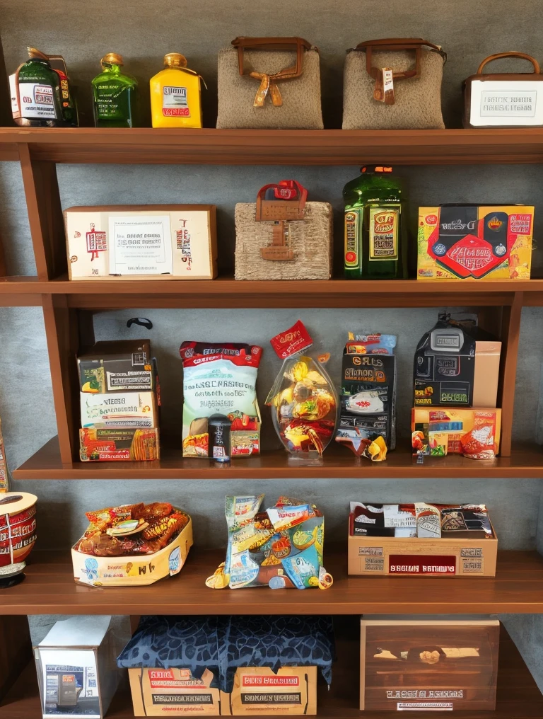 Goods contained within the gift shop, Indonesia, realistic, highly detailed, sharply
