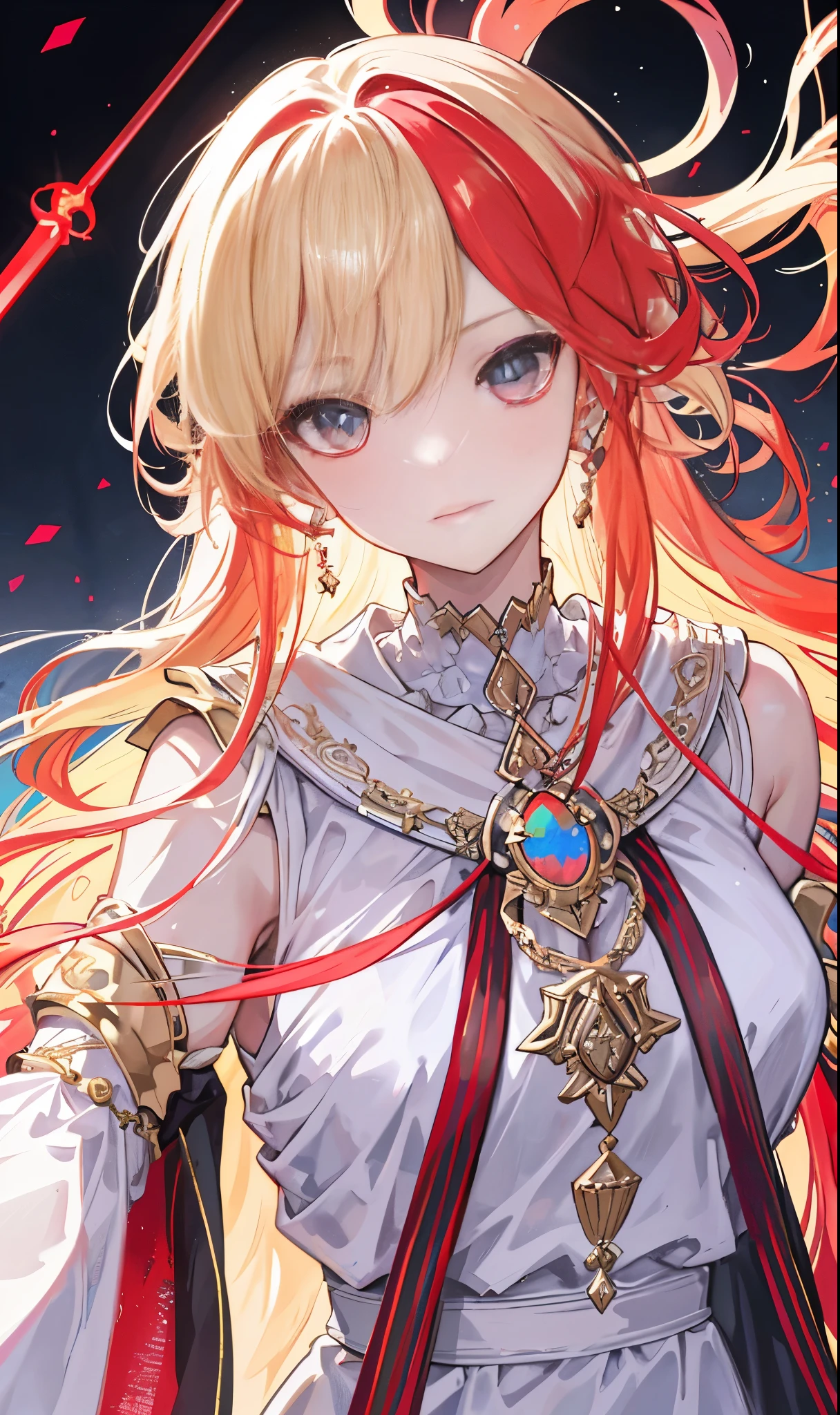 (T Masterpiece,side slit,beautiful eyes:1.2),(T Masterpiece*sport portrait),sport portrait,busts),lifelike,anatomical correctness,3D脸,luscious skin,(solo),Dyeing blonde hair and pickaxe,gradation hair,(close up of face),nice face,(Scarlet Eyes Like Fire Opal),dangling corner of the eye,((high detail skin,visible pores)),(perfect body),Buatigarh,Little Breast,((caftan)),(neck ring),very short gloves,(chain),(laser material clothing:1.2)