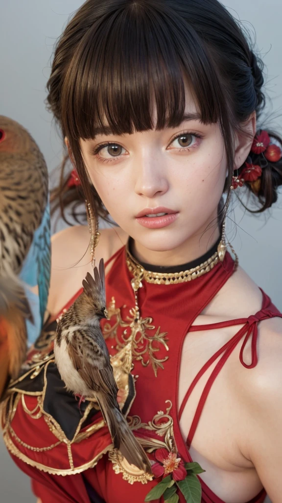 a close up of a woman in a red dress with a bird on her shoulder, [ 4 k photorealism ], close up character, [ 4 k photorealism ]!!, [ 4 k photorealism ]!!!, realistic