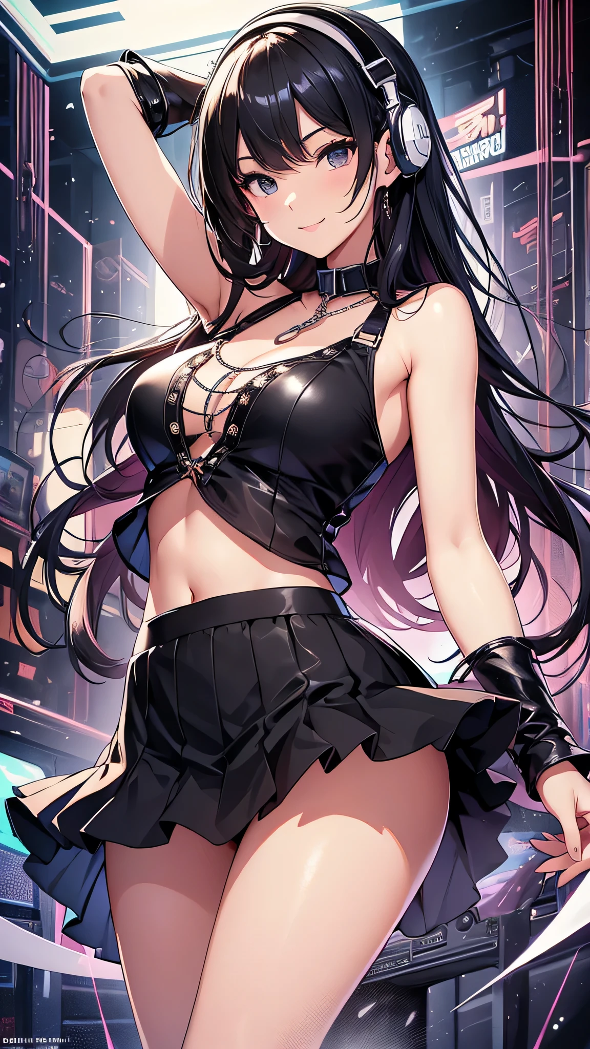 最high quality、best image quality、masterpiece、age girl((18-year-old、 by becoming、vest bust、medium bust,wide open breast tea、black eye, black hair、long hair、thin,highest valley、cute makeup、black short skirt、Red spats、fluttering hair、white navel tank top、chain accessories、headphones,dance motion,Fierce dance、best smile)),high quality、beautiful art、background((night club)),pieces fly、Depth of written boundary、movie、visual art、perfect art、