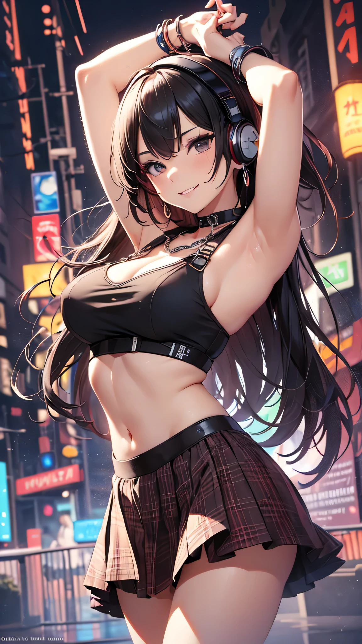 最high quality、best image quality、masterpiece、teenage girl((18-year-old、 by becoming、vest bust、medium bust,wide open breast tea、black eye, black hair、long hair、thin,highest valley、cute makeup、black short skirt、Red spats、fluttering hair、white navel tank top、chain accessories、headphones,dance motion,Fierce dance、best smile)),high quality、beautiful art、background((night club)),pieces fly、Depth of written boundary、movie、visual art、perfect art、