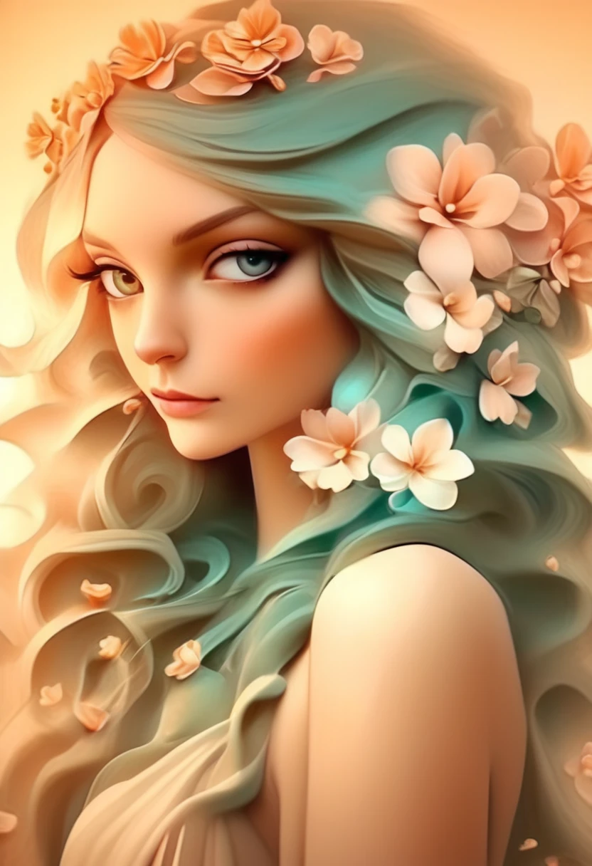 a painting of a woman with long hair and a flower in her hair, beautiful digital illustrations, Beautiful artwork illustration, amazing digital illustrations, beautiful digital artwork, , In the style of Anna Dittmann, beautiful digital art, beautiful fantasy art portrait