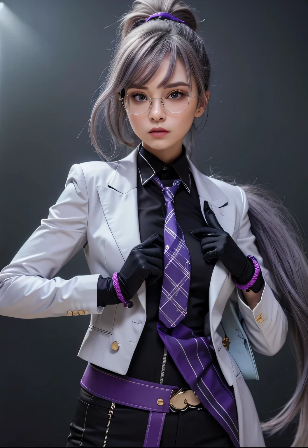 girl with purple-gray hair in a left ponytail, blue eyes, wearing a white tuxedo with a purple tie, holding glasses with very sharp eyes