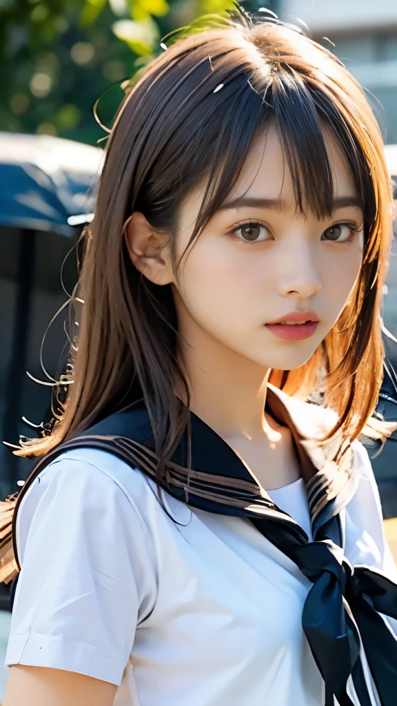(muste piece, best quality:1.2), 8K, official art, Raw photo, Full Bord Bill Four、Uniform torn、I can see my underwear、thin、14 years old、small breasts、incredibly ridiculous, (upper body whole body, uniform、sailor suit:1.4), beautiful girl, Pretty face, arch back,、gold ornaments in hair、close up of breasts, sailor suit, short sleeve, Violacea, , Looking at Viewer, film grain, chromatic aberration, sharp focus, face light, dynamic lighting, cinematic lighting, detailed eyes and face, bokeh background,