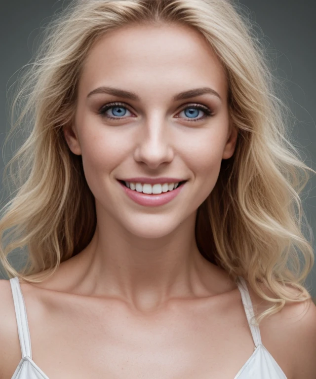 1 girl, blonde, blaue Augen, smiling, upper body photo, lila Bikini, Beautiful