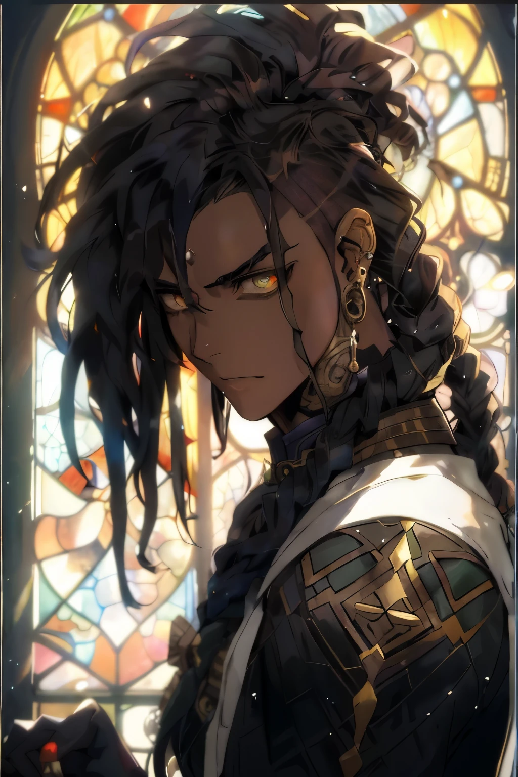 a close up of a person with dreads and a stained window, handsome guy in demon slayer art, anime tribal boy with long hair, artwork in the style of guweiz, detailed anime character art, beautiful androgynous prince, male anime character, detailed digital anime art, guweiz, demon slayer rui fanart, anime character, afrofuturism anime