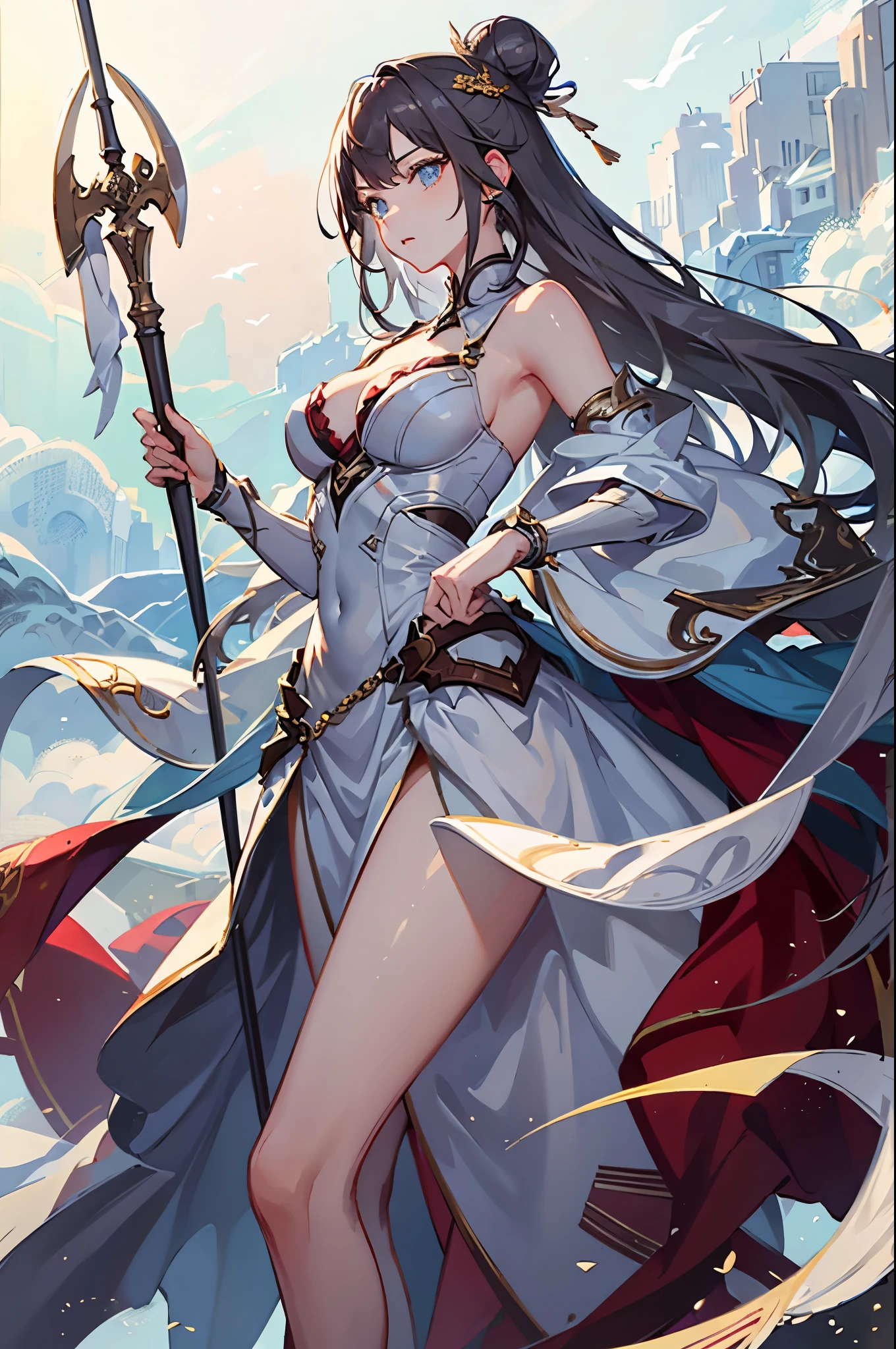 ((16k,Super fine、The highest masterpiece,best quality)), maxiskit, Mysterious outfit 1 girl, solo, whole body, wide shoot, graceful posture, Raise your sword, gray hair, long hair, valkyrie, White and Red theme, The angel is, white bra, side bun, from the front, extra size body, night time, Mountain, view viewer