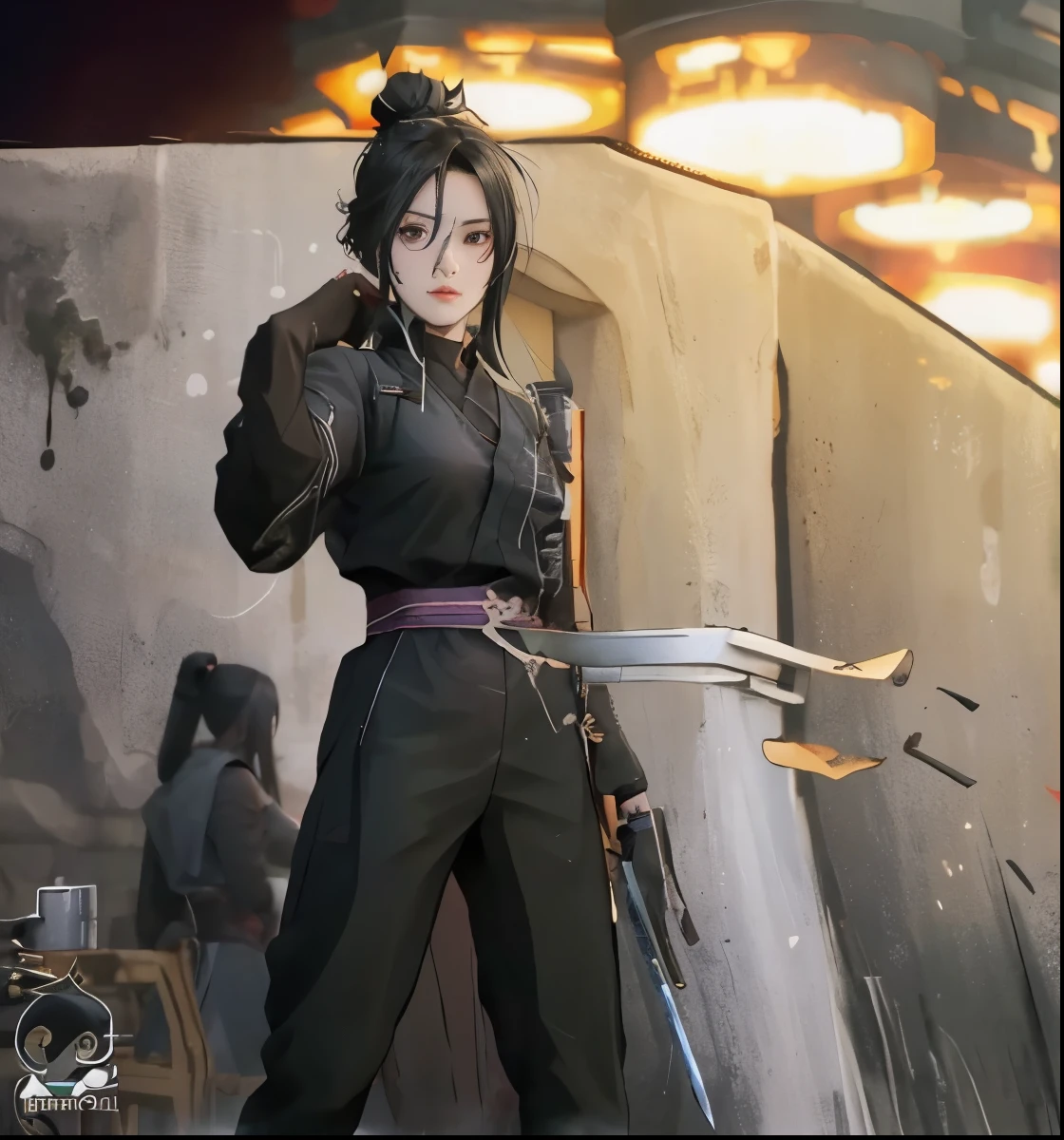 anime character with a sword in front of a wall, official art, itachi, kirito, rin, in a mixed style of æon flux, itatchi uchiha, itachi uchiha, shuushuu anime image, akatsuki akira, in full metal alchemist, from naruto, inspired by Munakata Shikō， Lan Fang， Lan Fang，long black hair，Fullmetal Alchemist，female killer，black hanfu，female ninja，Black clotheaid，黑色长发female killer，female retainer，黑发female ninja，long black hair女生，female warrior，woman samurai，female ninja，Beautiful girl，Girls with bun hair，Girls with bun hair，Girls with bun hair