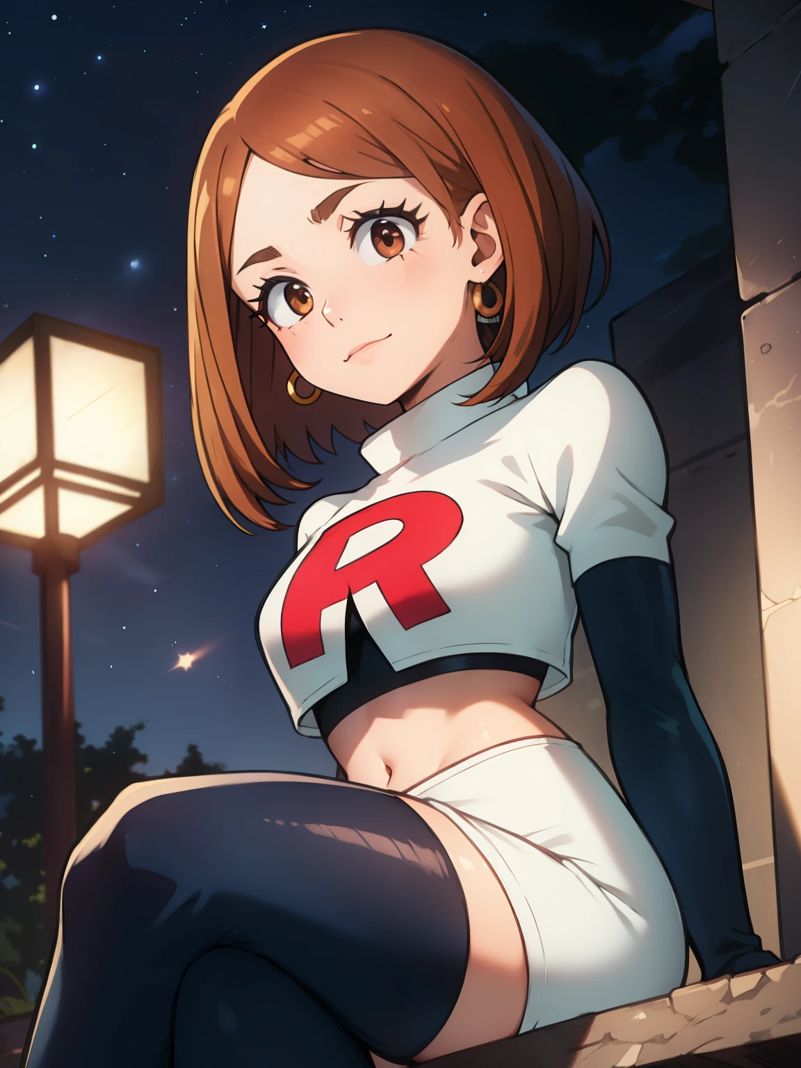 ochaco_uraraka, brown eyes ,earrings ,lipstick, eye shadow, makeup ,team rocket uniform, red letter R, white skirt,white crop top,black thigh-high boots, black elbow gloves, evil villianess look, looking down on viewer, sitting ,crossed legged, night sky background