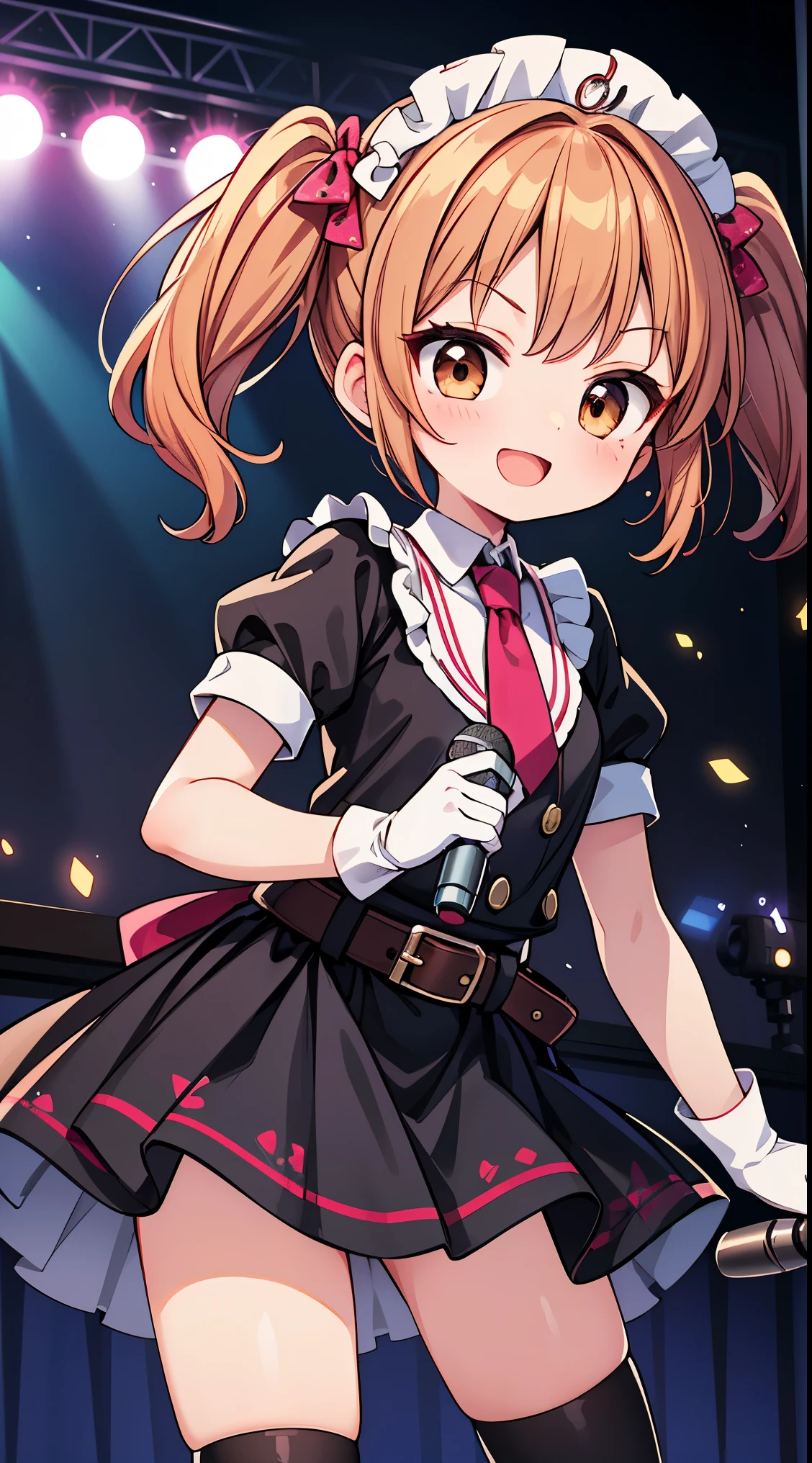 (masterpiece, top quality, best quality, official art, beautiful and aesthetic:1.2),ultra-detailed,intricate details,amazing illustration,award-winning art,atmospheric, 
BREAK, one beautiful girl(cute:1.5),(Little:0. 5),(cute:2.0),(change:2.0),(7 year old girl),(alone:1.65),break, (flat chest:1.2,), transparent skin, Shining beautiful skin, shy, one beautiful girl,huge boobs(hair bow, auburn hair, twin tails:1.2), (brown eyes, long eyelashes, double eyelid: 1.2), break, Star-O \(symbol\, (gloves, white gloves 1.3), (bug, one piece,Polka dot pattern:1.3), looking at the viewer,(knee high boots:1.2),shiny skin,transparent skin, Shining beautiful skin,(highest qualityの顔),(highest qualityの目), (smile:0.5), beautiful skin, beautiful skin, (highest quality face), (highest quality slanted eyes), Maid clothes, gloves, open your mouth, short sleeve, smile, white gloves
BREAK,arms below breasts,

BREAK, necktie, leather jacket, plaid skirt, belt, boots, black legwear,
BREAK
singing, shouting, microphone, (holding microphone stand:1.2), (leaning forward:0.7), serious,
BREAK
spotlight, stage lights,
BREAK,wakame,wakame,wakame,(Cowboy Shot:1.4),

BREAK,(Blurry background:1.3),(absurderes, hight resolution, Super Detail Art),cel shading,Clear Color, Lonely optical effect, Beautiful pictures, Bright glow, mystic atmosphere,(Close-up of girl:1.1), Mystical light particle effect,manga influence, clean line drawings,