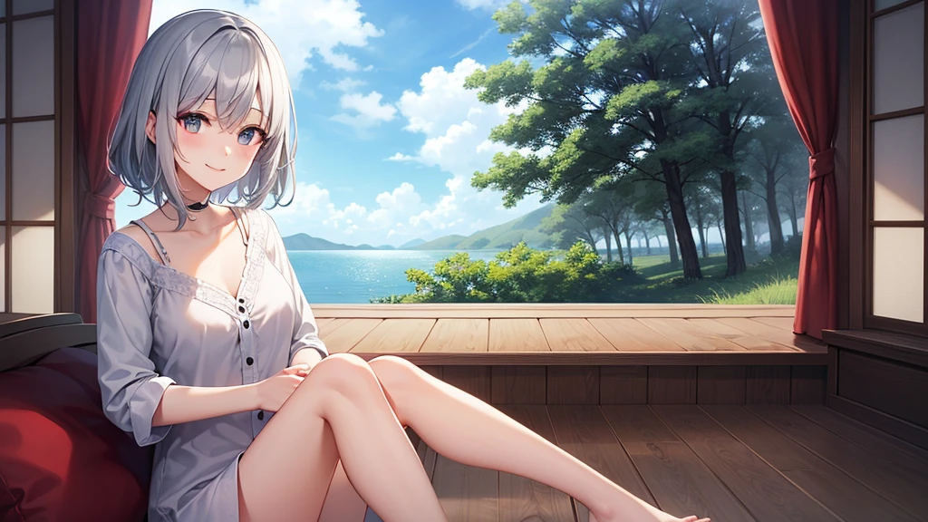 super high quality, girl, 20-year-old, とてもshort hair, long bangs between the eyes, very detailed,(masterpiece、highest quality)、alone、dark grey, silver hair, gray eyes, beautiful eyes,、short hair,blue sky , sunlight,fantasy landscape,smile、I can see your chest、pajamas、inside the room、sleep in bed