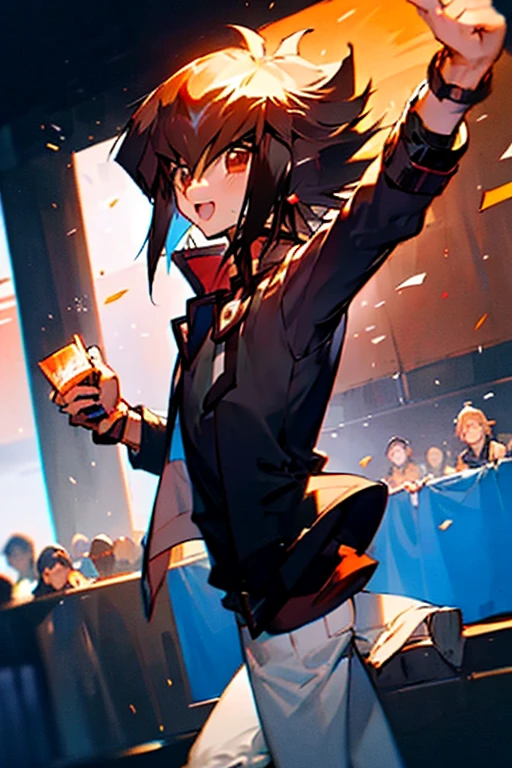 Yu-Gi-Oh! Animation Expo Exhibition Area，Top 10 Yuuki judai on stage，cheering crowd，Various role players，Duelists confront him，Junior high school students cheer him on、Raise colorful flags