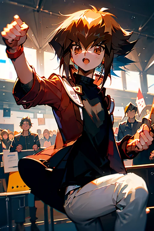 Yu-Gi-Oh! Animation Expo Exhibition Area，Top 10 Yuuki judai on stage，cheering crowd，Various role players，Duelists confront him，Junior high school students cheer him on、Raise colorful flags