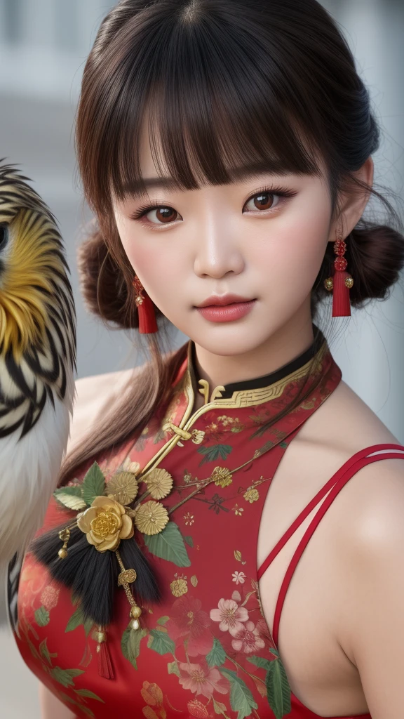 a close up of a woman in a red dress with a bird on her shoulder, [ 4 k photorealism ], [ 4 k photorealism ]!!, close up character, [ 4 k photorealism ]!!!, character close up, inspired by Pu Hua, inspired by Sim Sa-jeong, asian hyperdetailed, wearing a red cheongsam, character close-up, realistic