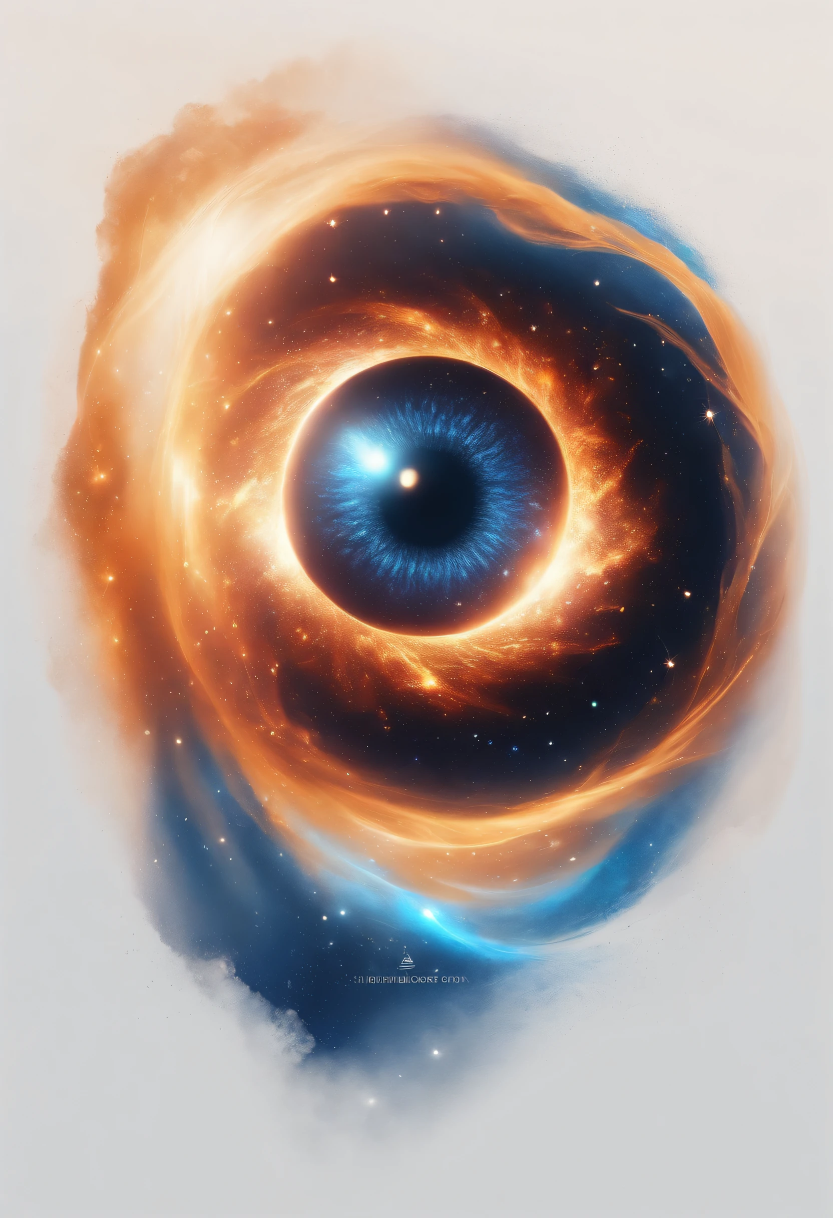 a modern and unique minimalist logo of a human eye reflecting the Milky Way inside，Nebulosa Azul, roxa, vermelha, laranja，neblina nebulosa，brilho dourado，beautiful cosmic neural network，arte digital muito bonita, Arte digital altamente detalhada em 4k, softly swirling magical energy，Redemoinhos de magia，dreamlike art, Estilo Intrincado Ornamentado CGI Anime, fundo isolado