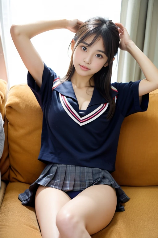 ((highest quality)), ((masterpiece)),  real Japanese beautiful schoolgirl、Beautiful thighs and beautiful small cleavage、Nakirt above knee 45cm、school uniform、on the sofa、open your legs wide、horizontal angle、Raise your arms to show your armpits、underwear