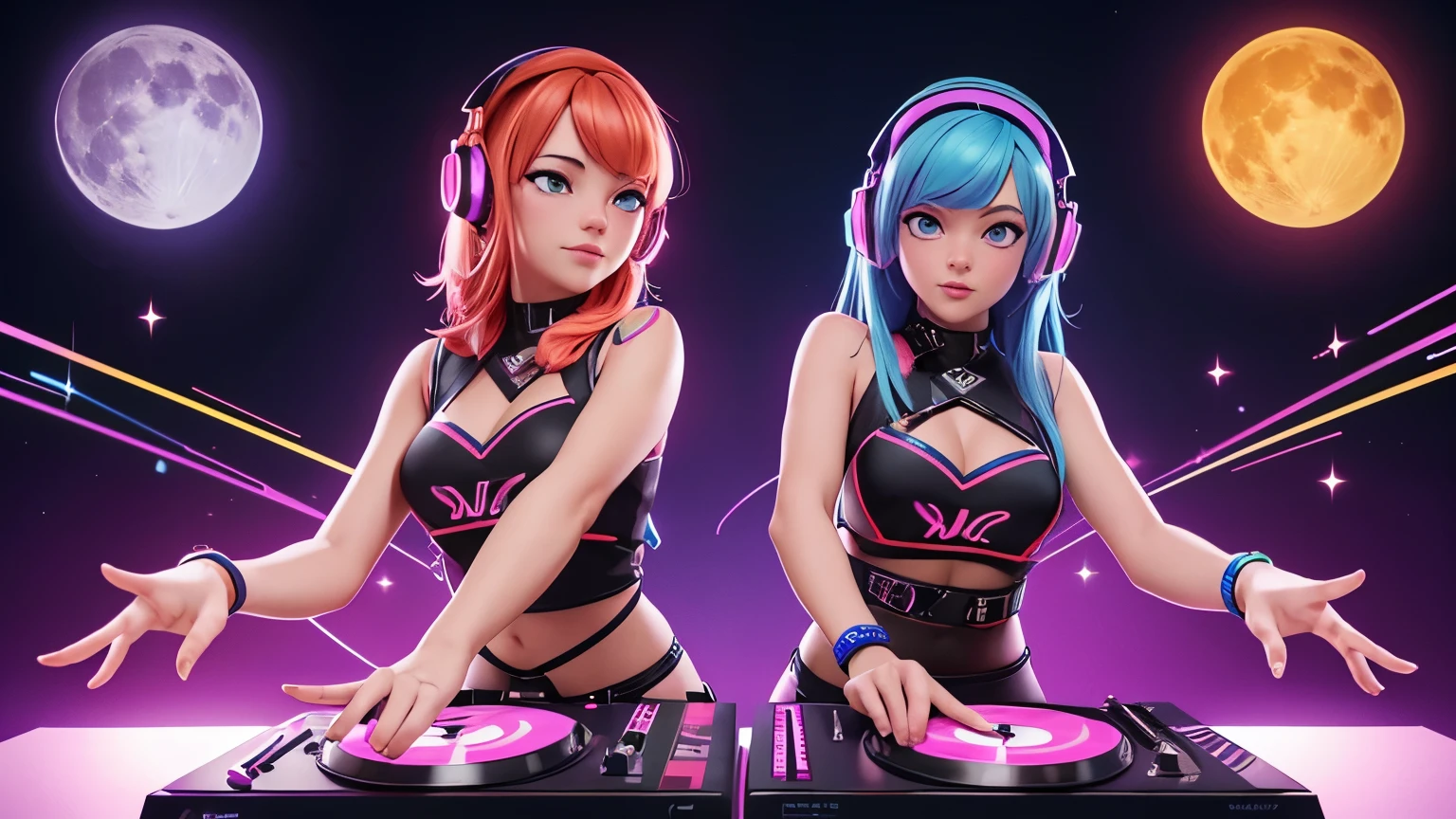 ((best quality)), (high detail), (official art), (2girls), DJ mixing vinyl records, (good vibes), LED headphones, (high energy), music festival), (Artist), music notes in the air, (action pose), vibrating beats, neon amber eyes, full moon dance party, HDR, 4K, 3D