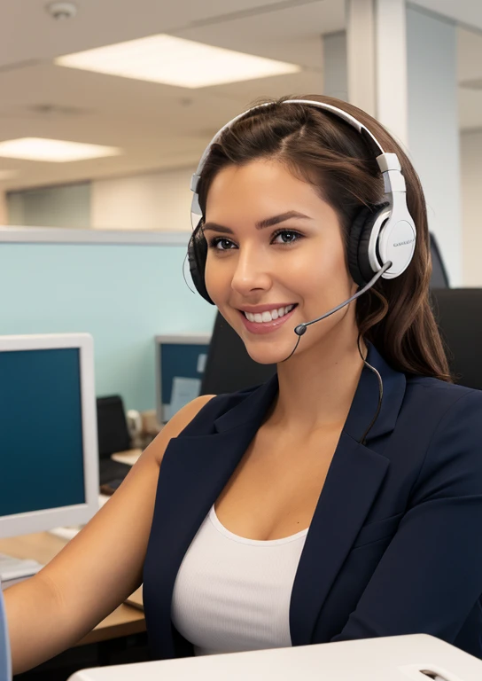 a woman in headphones smiling and extending her hand, advertisement image, call now, client, impressive image, in an office, help, advertising photo, telephone, clients, using headphones, in the background, advertisement, promotional image, working in a call center, headphones, technology, hello, no background, no text, on a background of an office, desk and computer, with headphones, wide-angle image