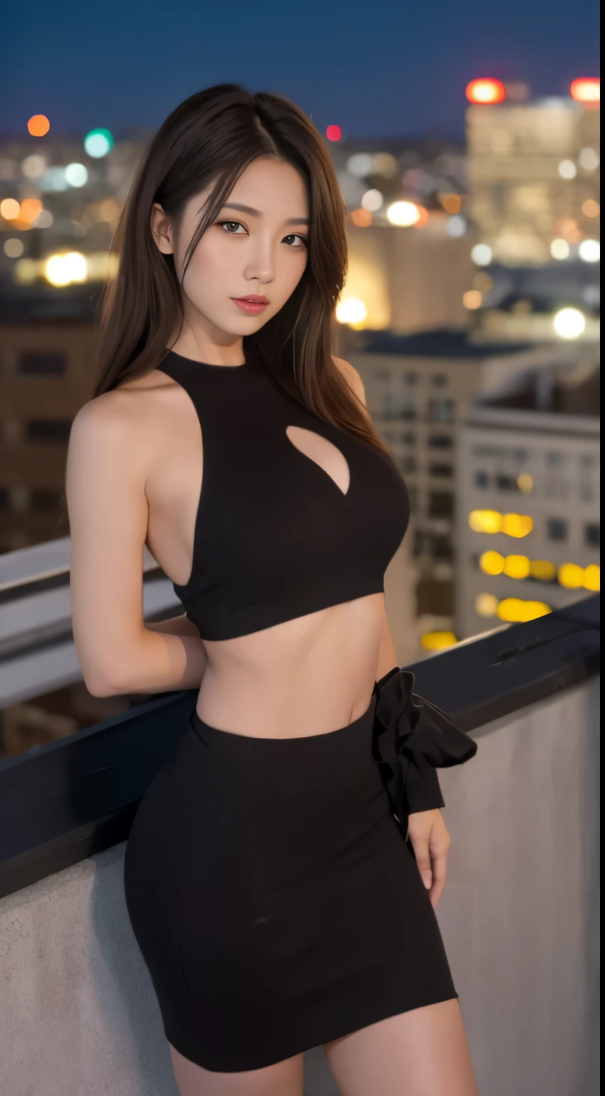((midnight, highest quality, 8K, masterpiece: 1.3)), whole body, long legs, sharp focus: 1.2, beautiful woman with perfect figure: 1.4, thin abs: 1.1, ((dark brown hair, big: 1.2)), (bodycon,Shetic, Are standing:1.2), (View of the city at night, rooftop:1.3)), Highly detailed face and skin texture, fine eyes, double eyelid