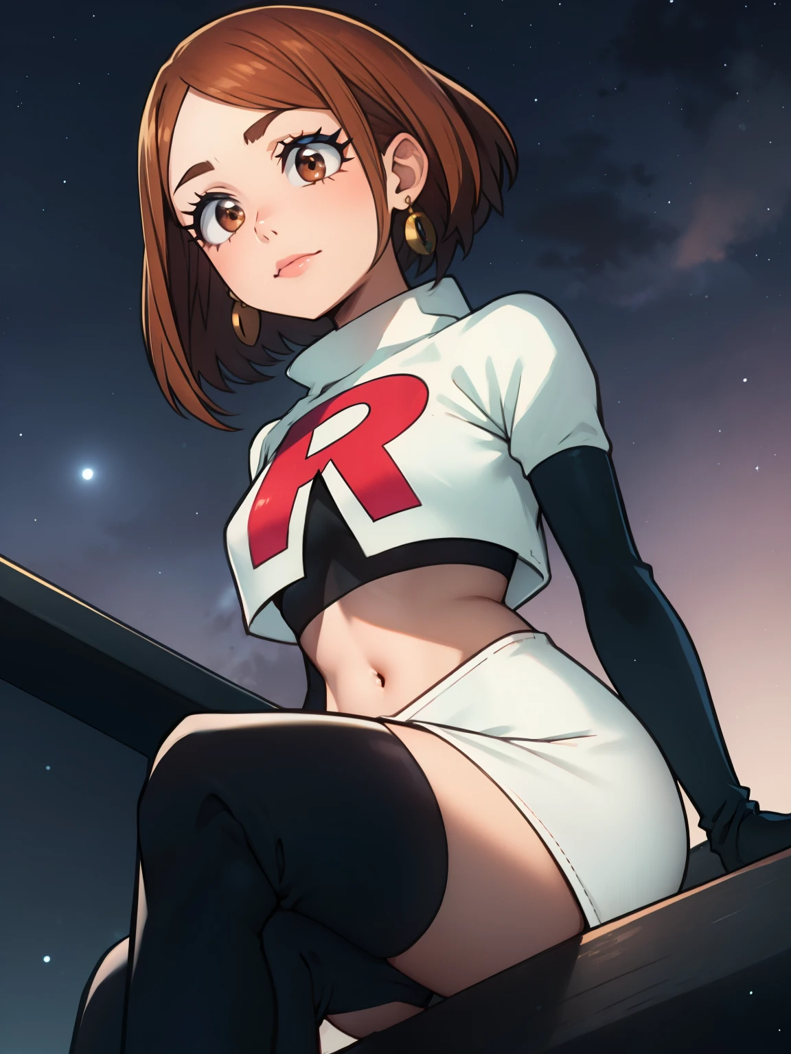 ochaco_uraraka, brown eyes ,earrings ,lipstick, eye shadow, makeup ,team rocket uniform, red letter R, white skirt,white crop top,black thigh-high boots, black elbow gloves, evil villianess look, looking down on viewer, sitting ,crossed legged, night sky background