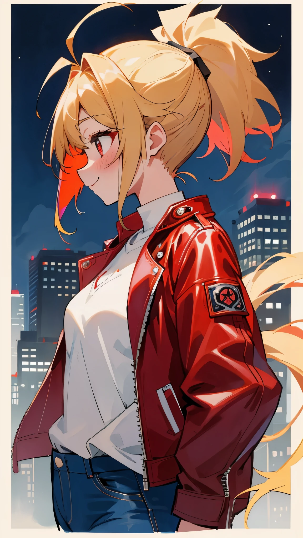 1girll、solo、colorful、upper body bromide、blonde ponytail、Ahoge、big round red eyes、profile、small breasts、red leather rider jacket、plus size jacket、white shirt、Blue jeans pants、smile、blush、rooftop、night view