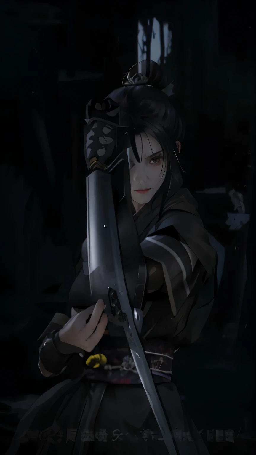 a close up of a person holding a sword in a dark room, holds a black sword, jin - roh, aragorn in an anime world, berserk skullknight black armor, holds a sword, okata kazuto, with large sword, kirito, swordsman, shuushuu anime image, while holding a sword, fus rei, Lan Fang,long black hair,Fullmetal Alchemist,female killer,black hanfu,female ninja,Black clotheaid,黑色长发female killer,female retainer,黑发female ninja,long black hair女生,female warrior,woman samurai,female ninja,Beautiful girl,Girls with bun hair,Girls with bun hair,Girls with bun hair