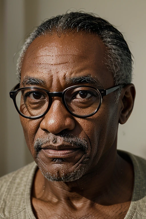 half body portrait, RAW, und, 70-year-old black man named George, glasses, dslr, ultra quality, sharp focus, tack sharp, film grain, Fujifilm XT3, detailed skin pores, tan, eye detail
