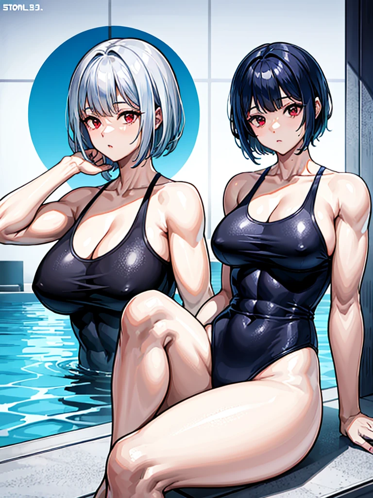 (((masterpiece、Highest image quality、highest quality、highly detailed unity 8kwallpaper)))、((Illustration of one girl))、(((beautiful girl)))、((light blue hair、short hair、red eyes))、(((tall、stocky build, thickset physique, muscular legs, broad shoulders, solid chest:1.3)))、swimsuit、Poolside